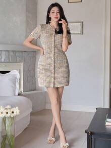 DAZY Women's Elegant Patterned Round Neck Short Dress, Summer Wedding Guest Dress Sundress - Khaki - View 4