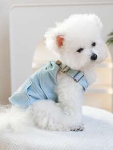 PETSIN 1件猫狗通用服装，甜美蝴蝶结刺绣“漂亮”宠物蓝色连衣裙，带背带，柔软可爱款式，适合小型犬穿着 - 藍色 - 查看 6