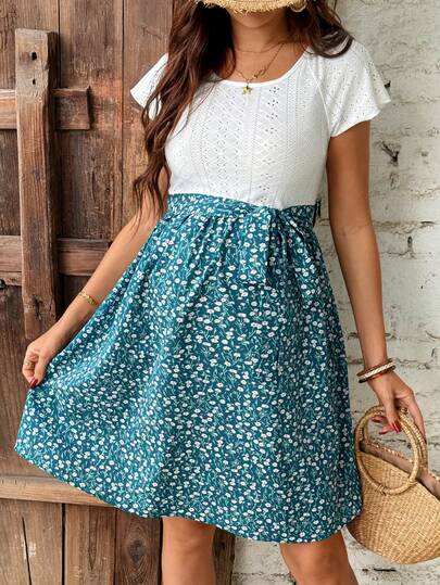 SHEIN 孕妇纯色碎花拼接短袖连衣裙