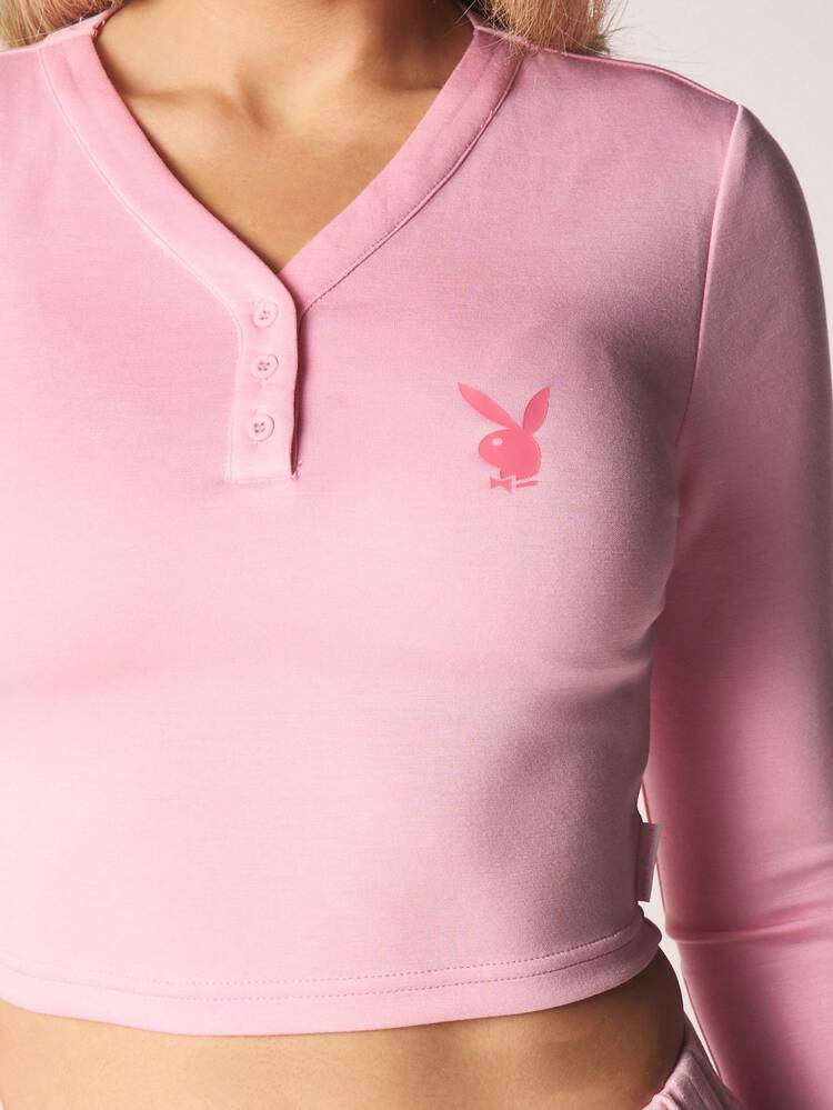 Missguided x Playboy Soft Ribbed Henley Top And Wide Leg Trousers Pajama Set With Button Front Detail And Elastic Waist For Sleepwear Loungewear Comfort