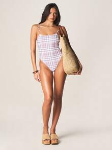 MISSGUIDED Plaid Check Print One Piece Swimsuit With Straight Across Neckline And Ruched Detailing For Beach Vacation Summer Holiday Pool - Multicolor - View 3