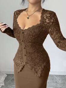 Modelyn Square Neck Lace Patchwork Button Waist Fitted Plus Size Dress For Women Fall - Brown - View 3