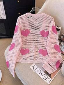 GlowEve Women's Casual Vacation Style Heart Pattern Open Knit Cardigan, Spring/Summer - Pink - View 2