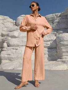 SHEIN LUNE 2pcs Women's Dropped Shoulder Long Sleeve Button Front Casual Versatile Set - Pink - View 5