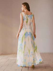 MOTF PREMIUM Vestido longo feminino romântico plissado sem mangas com decote quadrado e estampa. - Azul - Ver 3