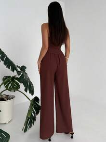 Aloruh Bộ đồ thể thao tối giản màu nâu gồm áo crop top không tay phối nhiều mảnh và quần dài ống rộng, thích hợp cho mùa xuân/hè. - màu nâu - Xem 6