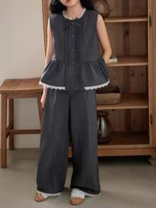 DAZY 少女圆领蕾丝边单排扣无袖上衣搭配阔腿裤休闲套装 - 灰色 - 查看 3