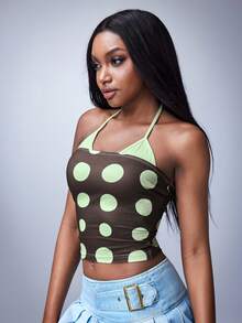 Y2Kool Vecteezy Áo tank top nữ màu nâu xanh chấm bi hở lưng, dây mảnh, kiểu dáng 2 trong 1, lựa chọn thời trang mùa hè cho lễ hội âm nhạc. - màu nâu - Xem 5