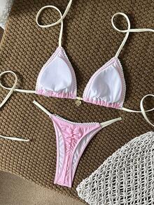 Swim Mod Women's Swimsuit Set, Halter Tie Waist Ruched Thong Bikini, Fashionable Casual Cute Two Pieces, Suitable For Spring, Summer, Autumn, Winter - Pink - View 3