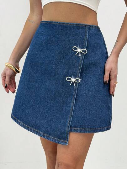 Firerie Jupe en jean décontractée pour femmes avec nœud et décoration de strass, jupe élégante pour fête, vacances d'été, printemps, Saint-Valentin