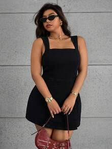SHEIN ICON Plus Size Solid Color Square Neck Sleeveless Wide Strap Simple Design Denim Suspender Sexy Dress - Black - View 7