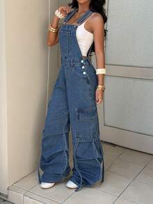 StreetHx Women's Casual Versatile Everyday Denim Jumpsuit With Pockets And Buttons - Blue - View 7