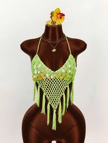 Amplova Women's Sequin Shell Halter Backless Tassel Hem Sexy Avant-Garde Crochet Top, Suitable For Vacation - Green - View 3