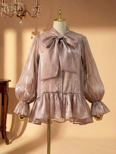 Rometta 大码女式珍珠串珠蝴蝶结喇叭袖优雅衬衫