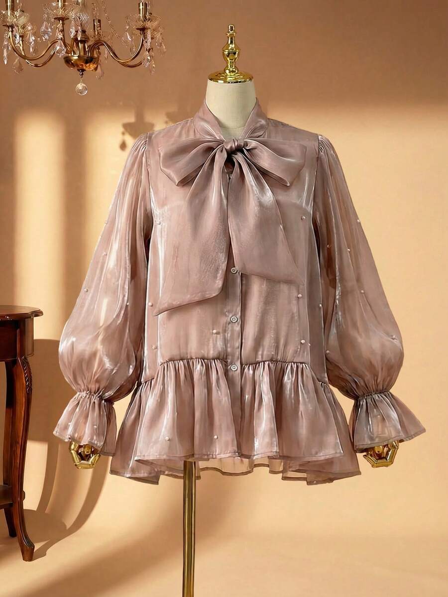 DreamSkyne 大码女式珍珠串珠蝴蝶结喇叭袖优雅衬衫 - 香檳色 - 查看 1