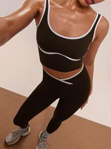 SHEIN BAE Damen nahtloses Yoga-Aktivset mit Kontrastfarben - Braun - Übersicht 4