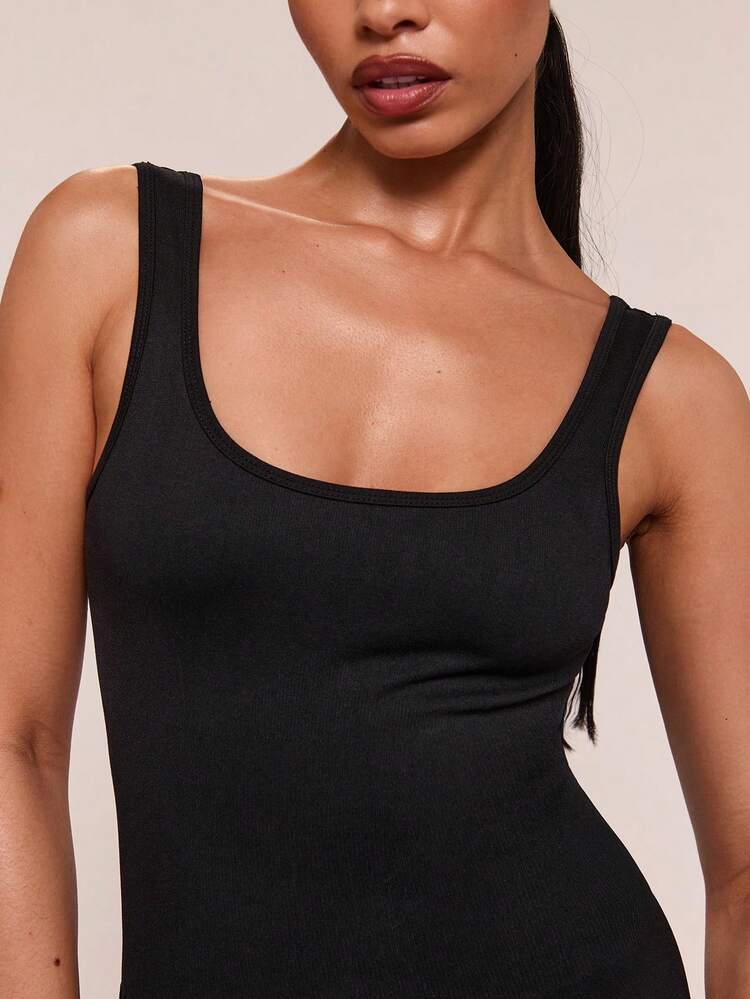 SHEIN BAE 女式简约纯色背心五分连体裤健身服 - 黑色 - 查看 4