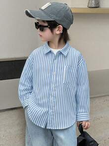 Dazy Kids Young Boy Casual Vacation & Commute Blue & White Striped Print Loose Fit Drop Shoulder Long Sleeve Shirt, Spring/Autumn - Blue - View 4