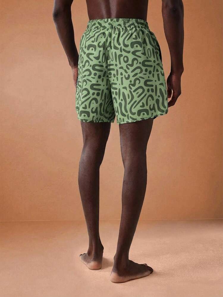 Abstract Print Swim Shorts With Curved Hem