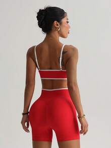 Dewbera 女士撞色滚边无袖舒适透气无缝瑜伽运动服套装 - 紅色 - 查看 6