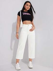 SHEIN Unity 女士纯色中腰直筒宽松休闲牛仔裤 - 白色 - 查看 6