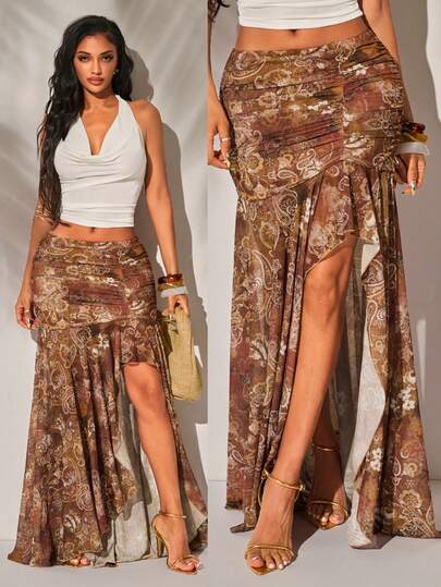 Radiana Women's Summer Bohemian Paisley & Cashew Flower Print Low Waist Mesh Pleated Skirt, Ruched Mesh Patchwork Side Slit Skirt, Flowy Mesh Skirt, Fitted Skirt, Low Waist Skirt, Suitable For Daily Outing, Party, Club, Vacation, Beach, Island, Music Festival, Concert