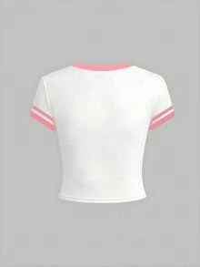 1 pieza Camiseta de poliéster de manga corta, cuello redondo, con estampado de lazo lindo para adolescentes, diseño con ribete de color contrastante, camiseta adorable, adecuada para adolescentes - Blanco - Ver 2