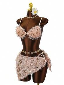 Bonvoyette 亮片女士比基尼泳装，性感泳装，带可拆卸裙摆，适合海滩度假，春夏款 - 杏色 - 查看 8