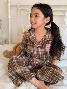 DAZY 女童秋季格子短袖上衣和裤子两件套 - 卡其色 - 查看 7
