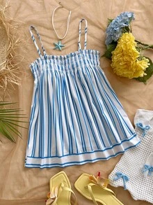 Soleia Women's Summer Vacation Beach Striped Ruffle Strap - Blue and White - View 1