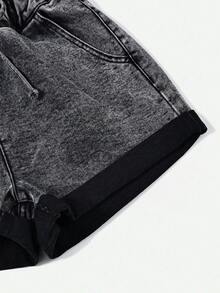 SHEIN Holidaya 纯色编织腰带抽绳休闲卷边夏季百搭牛仔短裤 - 黑色 - 查看 5