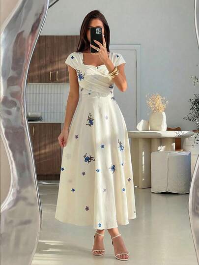 Mulvari Đầm maxi mùa hè thanh lịch in hoa, thắt eo, thích hợp cho nữ, trang phục dạ hội dài.