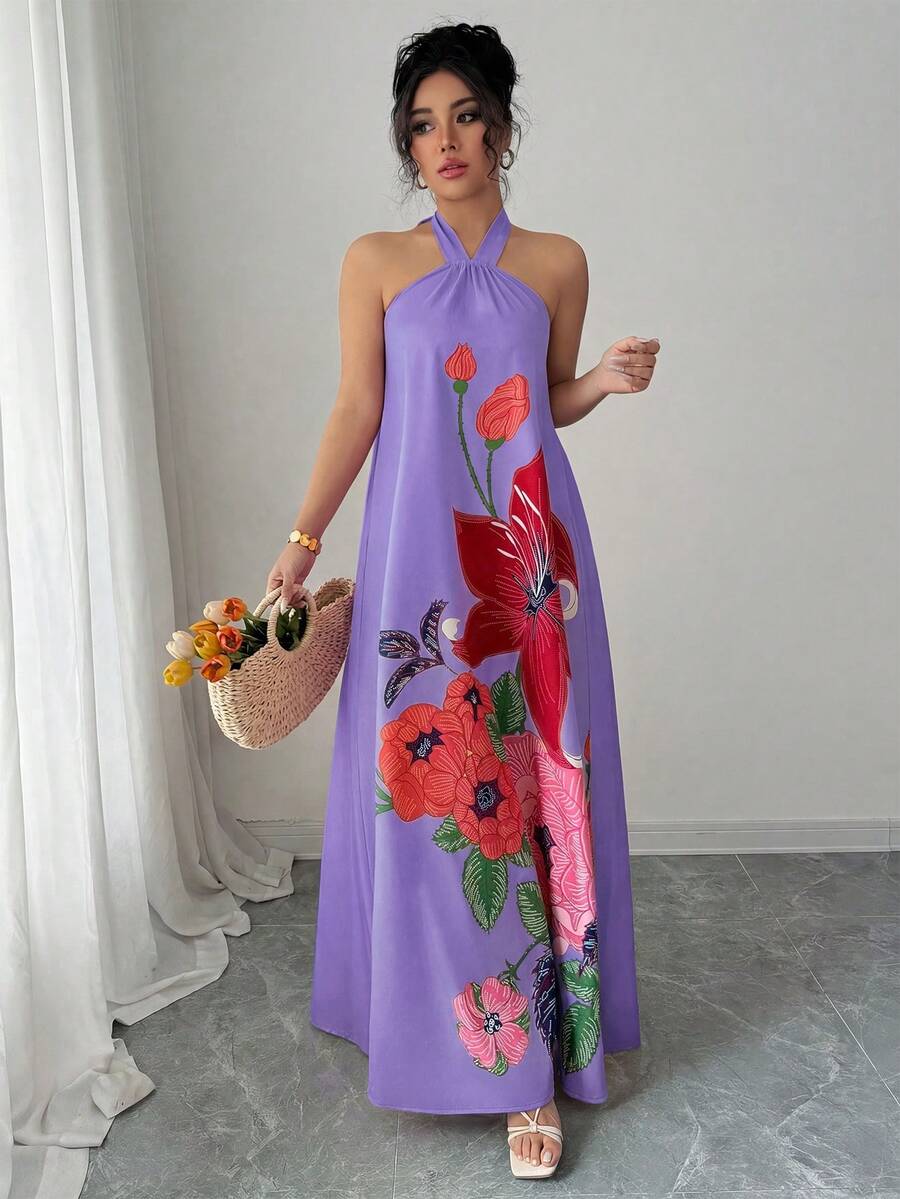 Elenzga 嘉年华紫色无袖系带A字连衣裙，优雅浪漫的假日花卉印花 - 彩色 - 查看 1