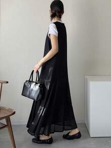 FRIFUL Women's Summer/Spring Solid Color Pleated Flared Loose Casual Dress Sundress - Black - View 2