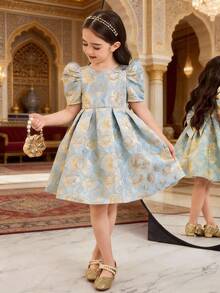 SHEIN Đầm hè tay ngắn thanh lịch in hoa dễ thương cho bé gái - Màu xanh lam - Xem 3