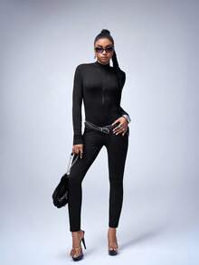 Y2Kool BiGraphic Women's Black Sexy Hot Girl Half-Zip Long-Sleeve Activewear Commuter Slim-Fit Jumpsuit, Minimalist Design - Black - View 6