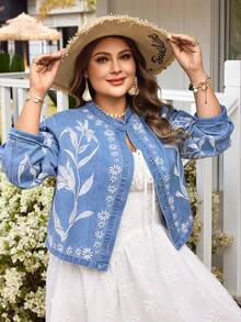 EMERY ROSE Plus Size Women Long Sleeve Single-Breasted Casual Fashion Embroidered Denim Jacket - Medium Wash - View 3