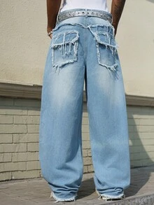 Manfinity EMRG 时尚水洗毛边宽松休闲牛仔裤 - 藍色 - 查看 6