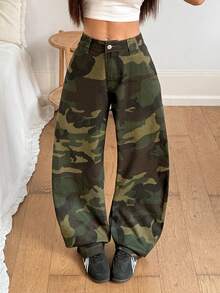 Rivivi Women's Low Waist Fashionable Camouflage Print Washed Denim Flare Jeans - Multicolor - View 6