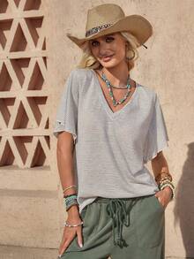 Wildy 波西米亚美式休闲西部乡村复古条纹女式短袖T恤，日常通勤、春夏基本款 - 彩色 - 查看 4