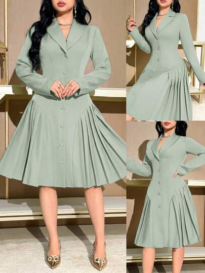 Modelyn New Design Collared Waist Cinched Pleated Elegant Cocktail Dress