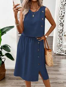 EMERY ROSE Women's Casual Button Decor Tank Top And Skirt 2 Pieces Set, Summer - Navy Blue - View 3