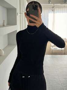 DAZY Top de Gola Alta Ajustada de Cor Sólida, Uso Casual Diário de Manga Longa - Preto - Visão 4