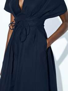 Maija 海军蓝深V领泡泡袖女式束腰喇叭裙 - 藏蓝色 - 查看 9