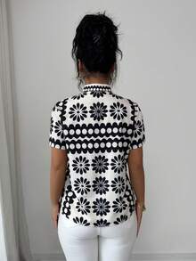 Elenzga 新款优雅休闲女士V领短袖印花衬衫，春夏短袖衬衫商务休闲上衣夏季衬衫碎花印花衬衫女士纽扣衬衫夏季短袖衬衫女士商务休闲上衣 - 彩色 - 查看 2