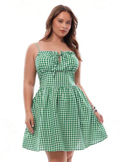 Solavibe Women Plus Size Spring Summer Vacation Casual Vacation Green Plaid Mini Dress With Front Tie Waist A-Line , Spring/Summer Green Sundress Picnic Dress Sexy Sundress Gingham Dress Tea Party Dress Curve