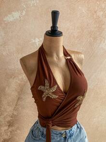 Soleia Áo kiểu lấp lánh cho kỳ nghỉ xuân của phái nữ, thiết kế hình sao biển thắt nút, xếp ly, thời trang, đa năng, thích hợp cho hẹn hò và đi chơi. - Màu nâu  Mocha - Xem 7