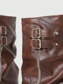 ROMWE Grunge Punk Women's Dark Rock Punk Goth Boots, Pointed Toe Ankle Boots, Wedge Heel Thick Sole Buckle Strap Riding Boots, Ankle Boots And Short Boots - Brown - View 5