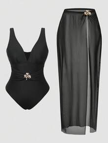 Swim Oasis Conjunto de 2 piezas de traje de baño de una sola pieza y falda de talla grande con diseño de elementos metálicos elegantes de océano para vacaciones de verano 2026 - Negro - Ver 1