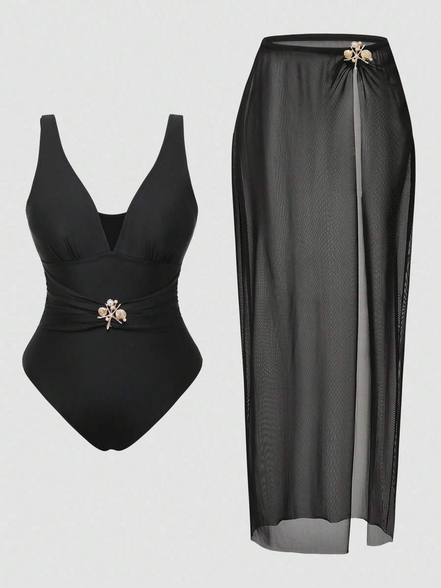 Swim Oasis Conjunto de 2 piezas de traje de baño de una sola pieza y falda de talla grande con diseño de elementos metálicos elegantes de océano para vacaciones de verano 2026 - Negro - Ver 1